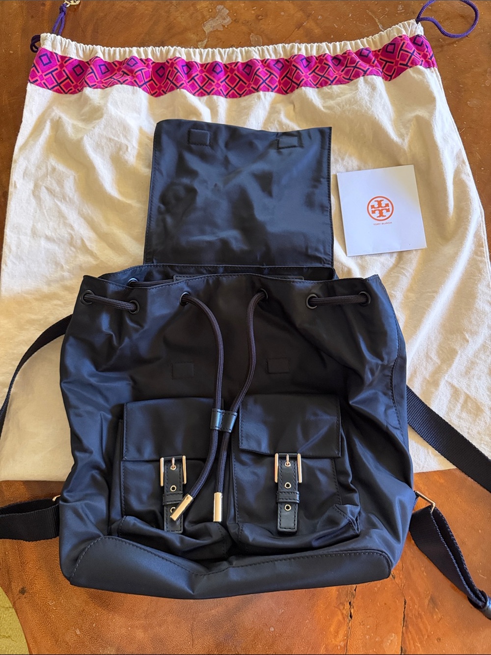 Tory Burch Black Nylon Drawstring Backpack with Front Buckle Pockets